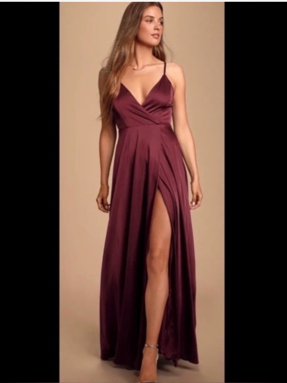 Lulus - Elegant V-Neck Burgundy Satin Maxi Dress